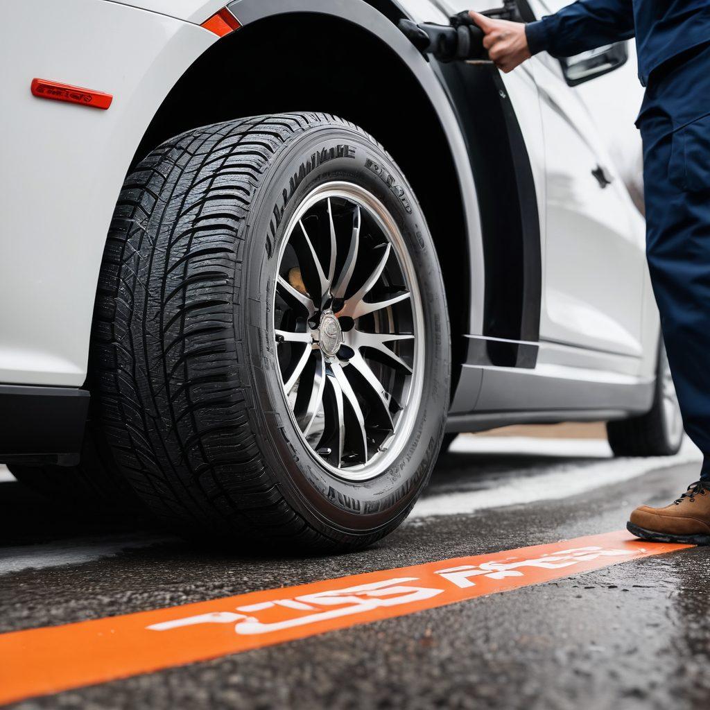 A detailed close-up of various high-performance tires arranged in a compelling composition, showcasing seasonal variations like winter, summer, and all-terrain tires. Background features a sleek car with dynamic motion blur on a winding road through picturesque seasonal landscapes. Include a tire expert in uniform pointing to the tires, with a banner that says 'Weldon Tire Pros' for branding. super-realistic. vibrant colors. white background.