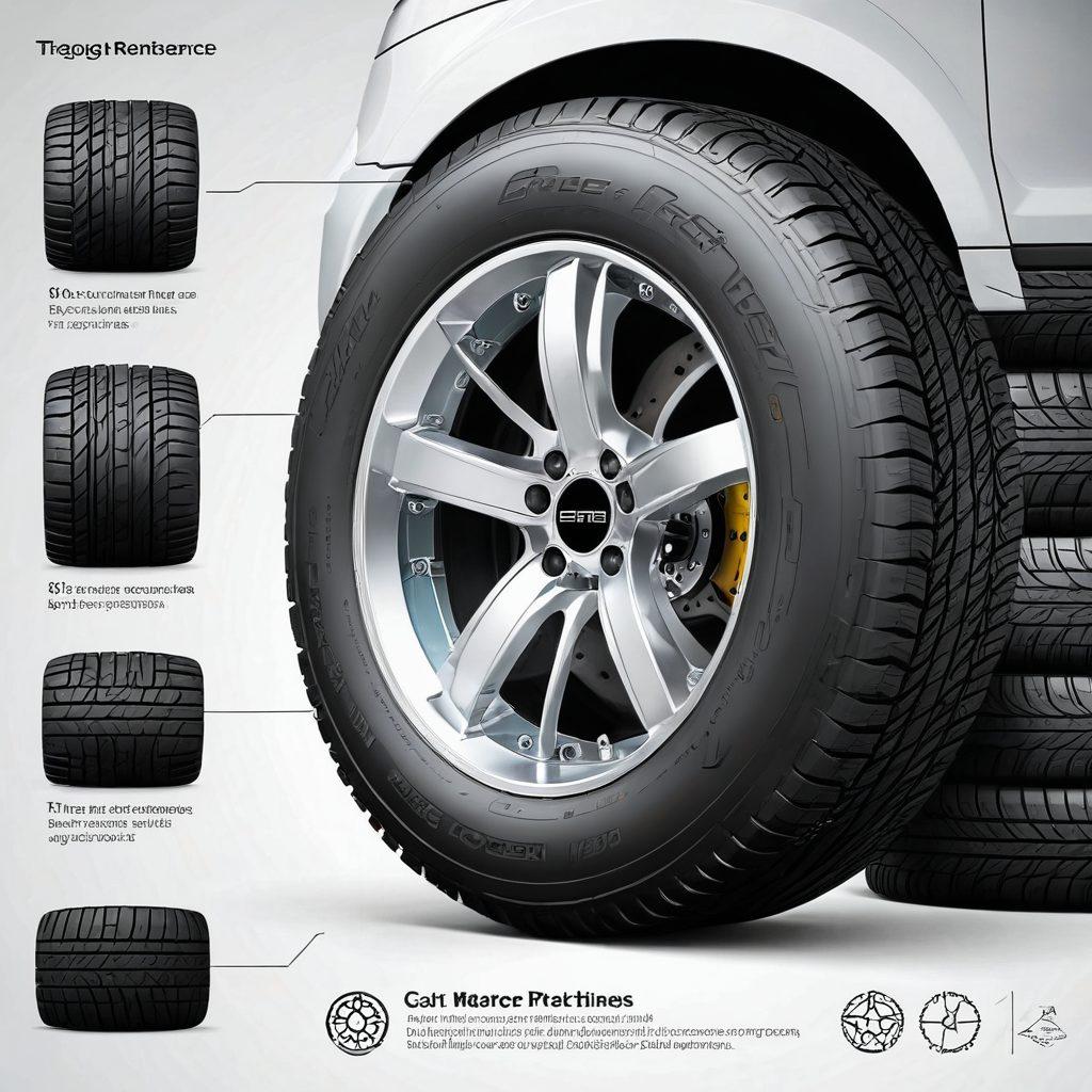 A detailed illustration of various car tires, showing different levels of wear and tear, alongside a vibrant scene of a professional mechanic inspecting tires on a sleek car in a well-lit modern garage. Include close-ups of tire treads and a diagram of proper tire maintenance techniques. super-realistic. vibrant colors. white background.