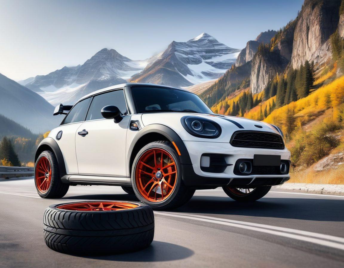 A gleaming car driving smoothly on a winding road with picturesque mountains in the background, showcasing high-performance tires gripping the road. The scene should include a mechanic in a pristine workshop meticulously inspecting and aligning a tire on another vehicle. Add-in detailed diagrams of tire treads and gauges to highlight expert maintenance tips. Vibrant colors. super-realistic. white background.